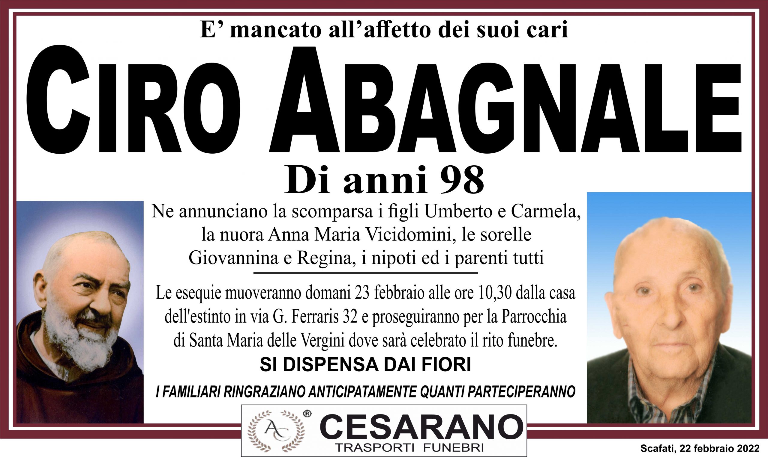 NON E PIU CIRO ABAGNALE Necrologi Scafati